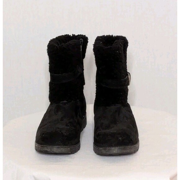 UGG Blayre II Boots Black Sz 8 Shearling Sheepskin Buckle Moto Warm Comfort EUC - Picture 2 of 12